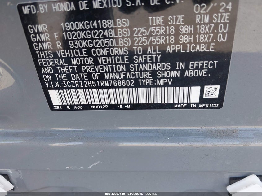 2024 Honda Hr-V VIN: 3CZRZ2H51RM768602 Lot: 42097430