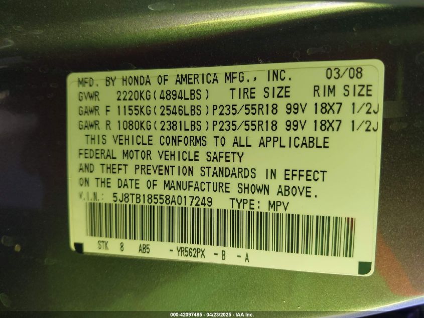 2008 Acura Rdx VIN: 5J8TB18558A017249 Lot: 42097485