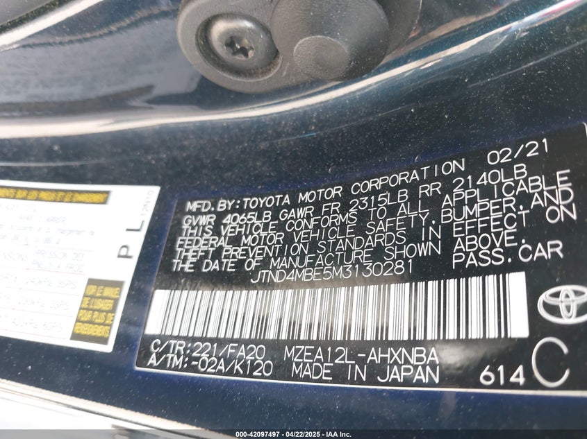 VIN JTND4MBE5M3130281 2021 TOYOTA COROLLA SE