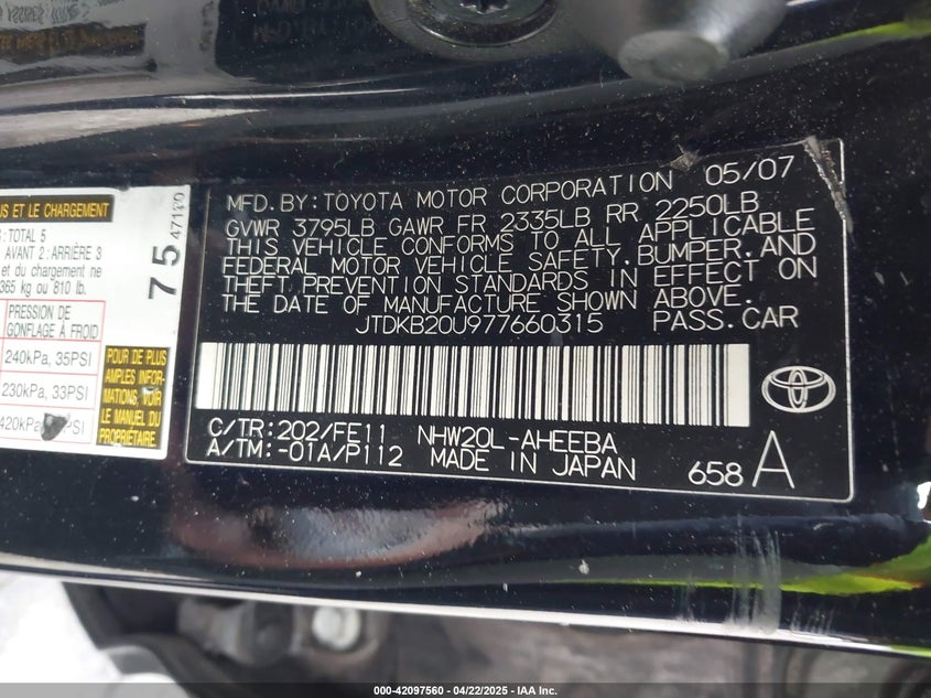2007 TOYOTA PRIUS VIN: JTDKB20U977660315