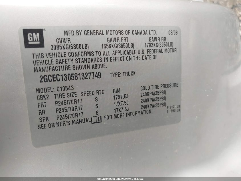 2008 Chevrolet Silverado 1500 Lt1 VIN: 2GCEC130581327749 Lot: 42097568