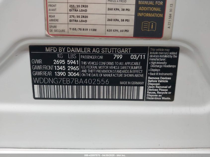 2011 Mercedes-Benz S 63 Amg VIN: WDDNG7EB7BA402556 Lot: 42097570