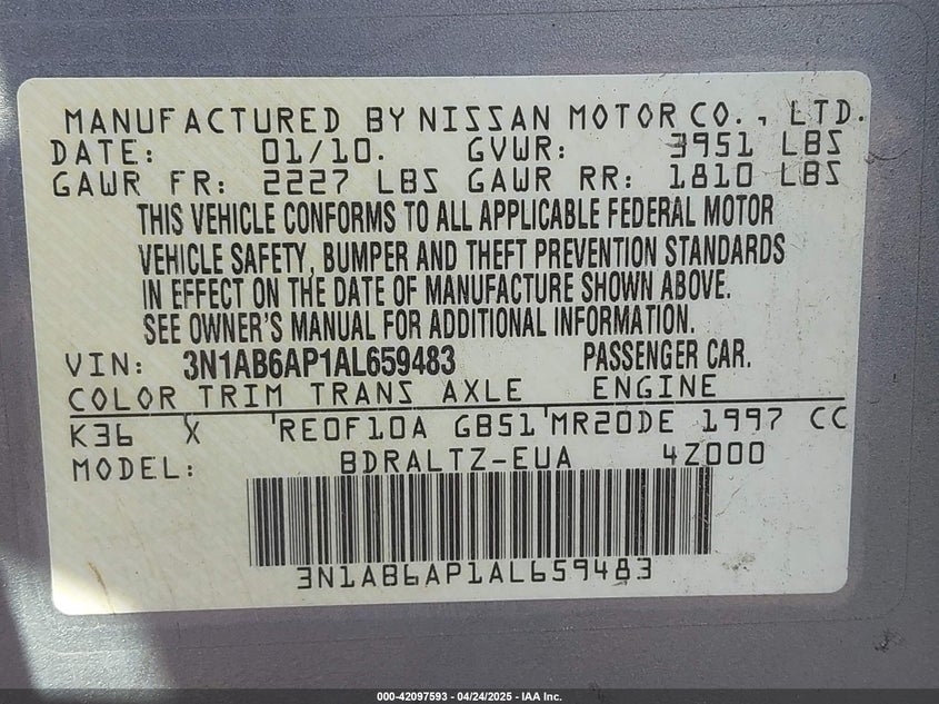 2010 NISSAN SENTRA VIN: 3N1AB6AP1AL659483