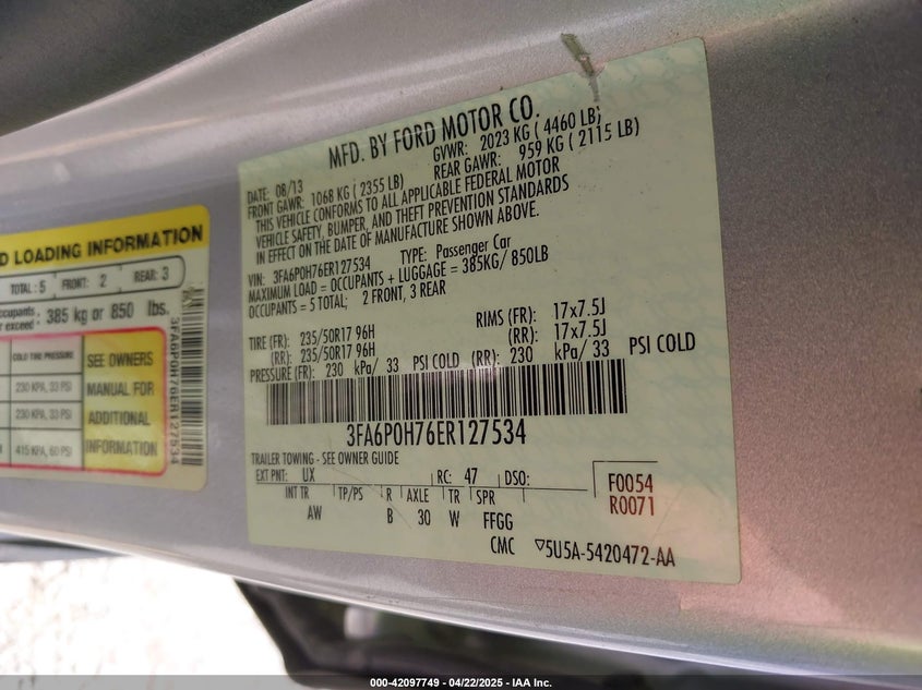 2014 FORD FUSION VIN: 3FA6P0H76ER127534
