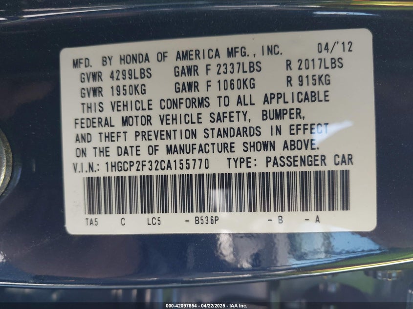 2012 HONDA ACCORD VIN: 1HGCP2F32CA155770