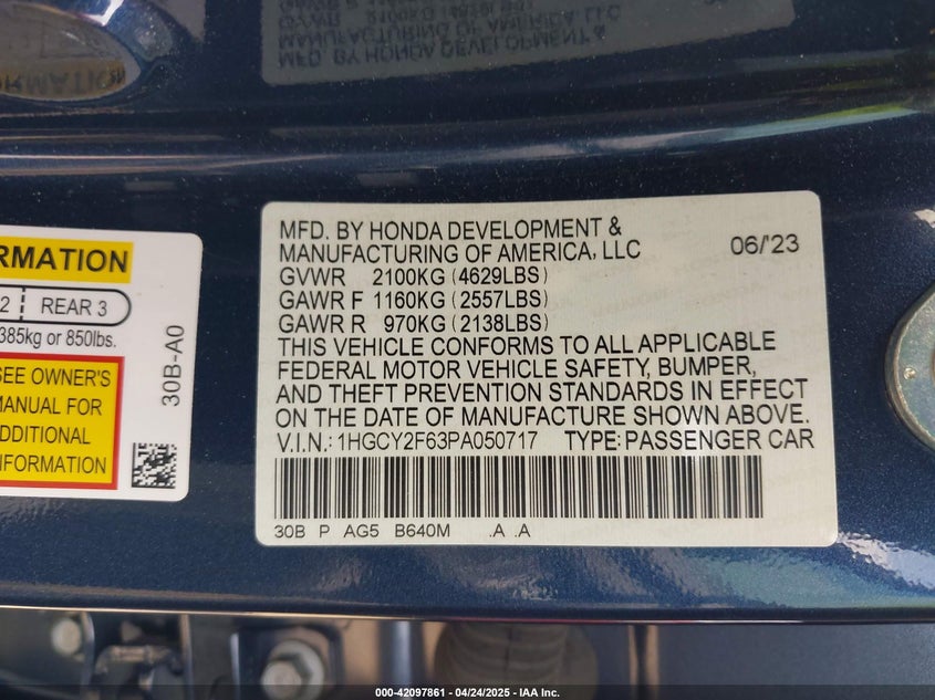 2023 HONDA ACCORD VIN: 1HGCY2F63PA050717