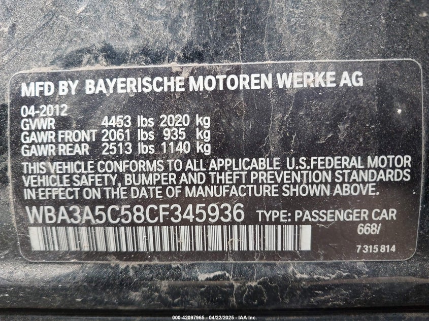 2012 BMW 328I VIN: WBA3A5C58CF345936
