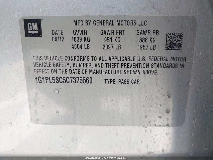 2012 CHEVROLET CRUZE VIN: 1G1PL5SC5C7375560