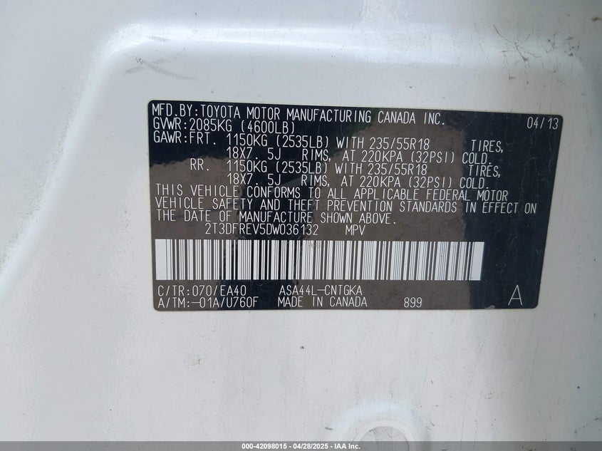 2013 TOYOTA RAV4 VIN: 2T3DFREV5DW036132