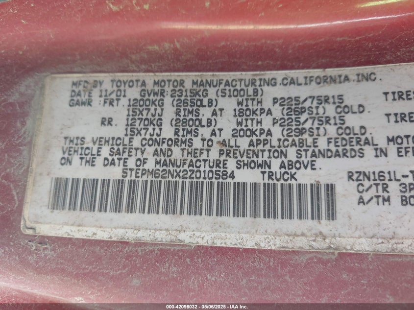 2002 Toyota Tacoma VIN: 5TEPM62NX2Z010584 Lot: 42098032