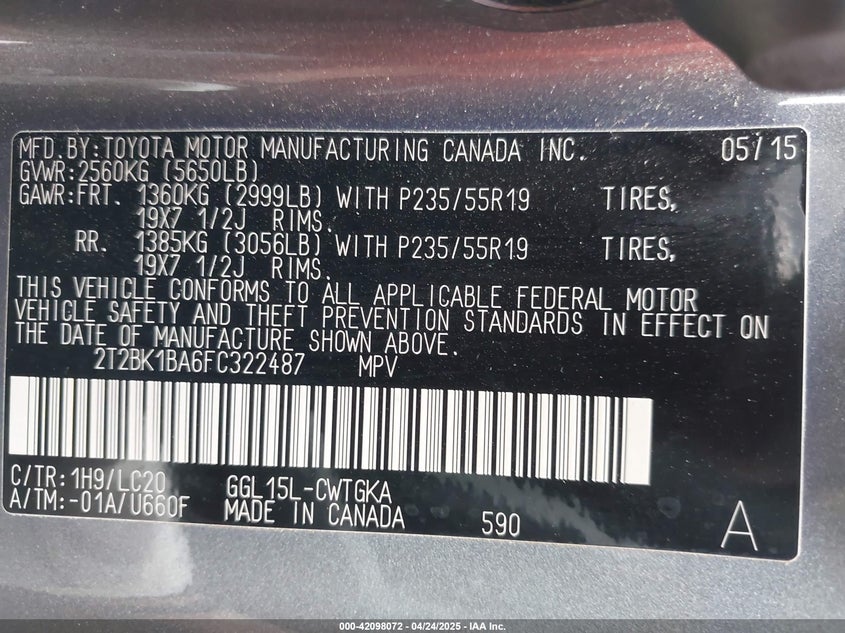 2015 LEXUS RX 350 VIN: 2T2BK1BA6FC322487