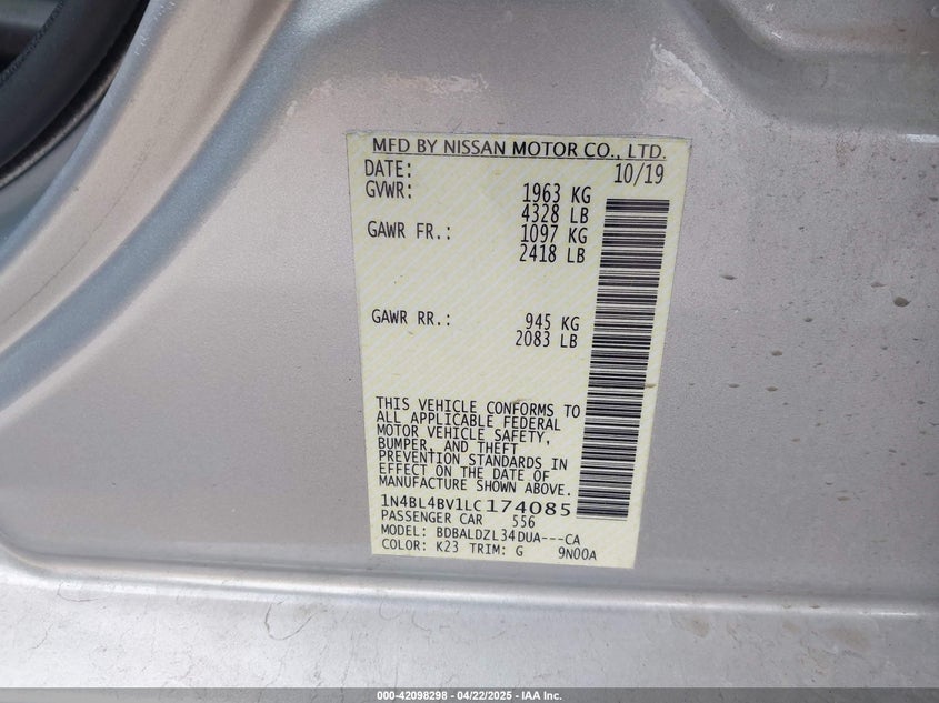 2020 Nissan Altima S Fwd VIN: 1N4BL4BV1LC174085 Lot: 42098298