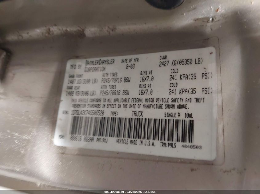 2004 Dodge Dakota Slt VIN: 1D7GL42K74S506520 Lot: 42098339