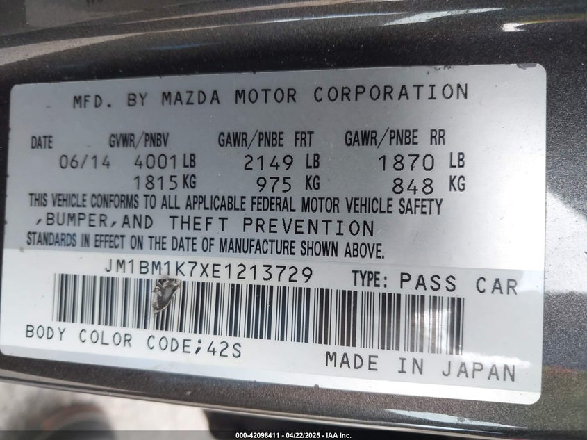 2014 MAZDA MAZDA3 VIN: JM1BM1K7XE1213729
