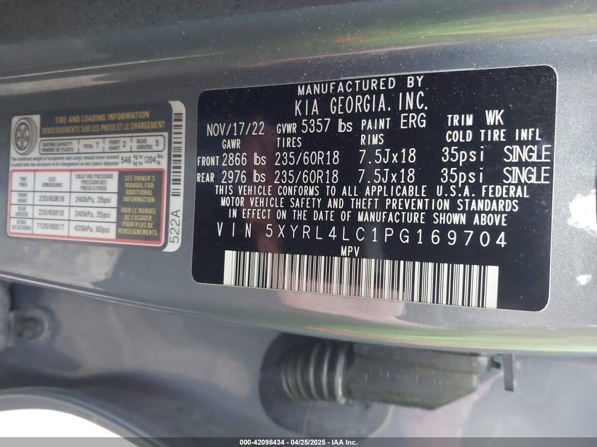 2023 KIA SORENTO VIN: 5XYRL4LC1PG169704