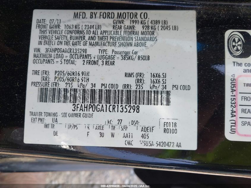 2012 Ford Fusion S VIN: 3FAHP0GA1CR135298 Lot: 42098456