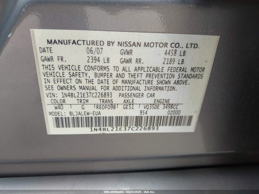2007 NISSAN ALTIMA VIN: 1N4BL21E37C226893