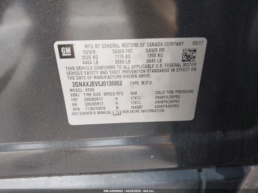 2018 Chevrolet Equinox Lt VIN: 2GNAXJEV5J6136862 Lot: 42098502
