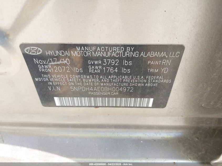 2011 HYUNDAI ELANTRA VIN: 5NPDH4AE0BH004972