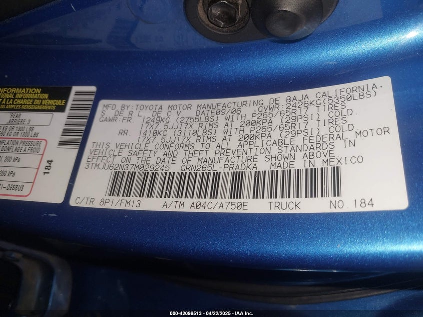 2007 TOYOTA TACOMA VIN: 3TMJU62N37M029245