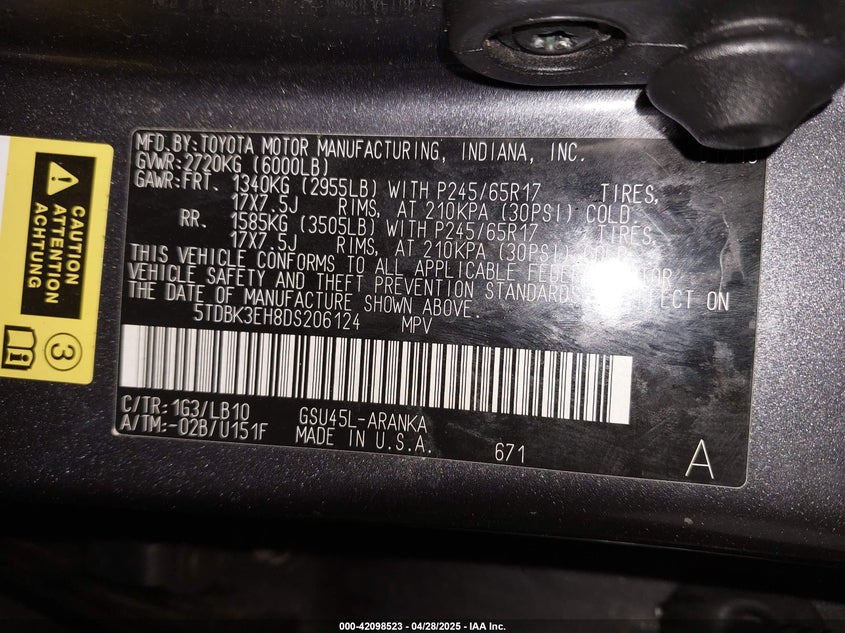 2013 TOYOTA HIGHLANDER VIN: 5TDBK3EH8DS206124