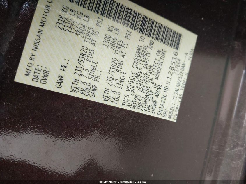 2020 Nissan Murano Sl Fwd VIN: 5N1AZ2CJ8LN128516 Lot: 42098596
