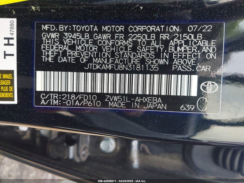 2022 TOYO PRIUS LE VIN: JTDKAMFU8N3181135