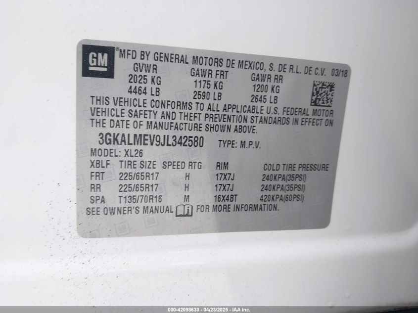 2018 GMC Terrain Sle VIN: 3GKALMEV9JL342580 Lot: 42098630