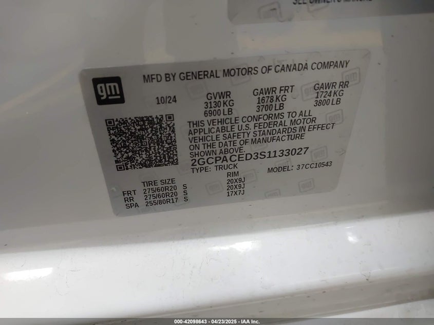 2025 CHEVROLET SILVERADO VIN: 2GCPACED3S1133027