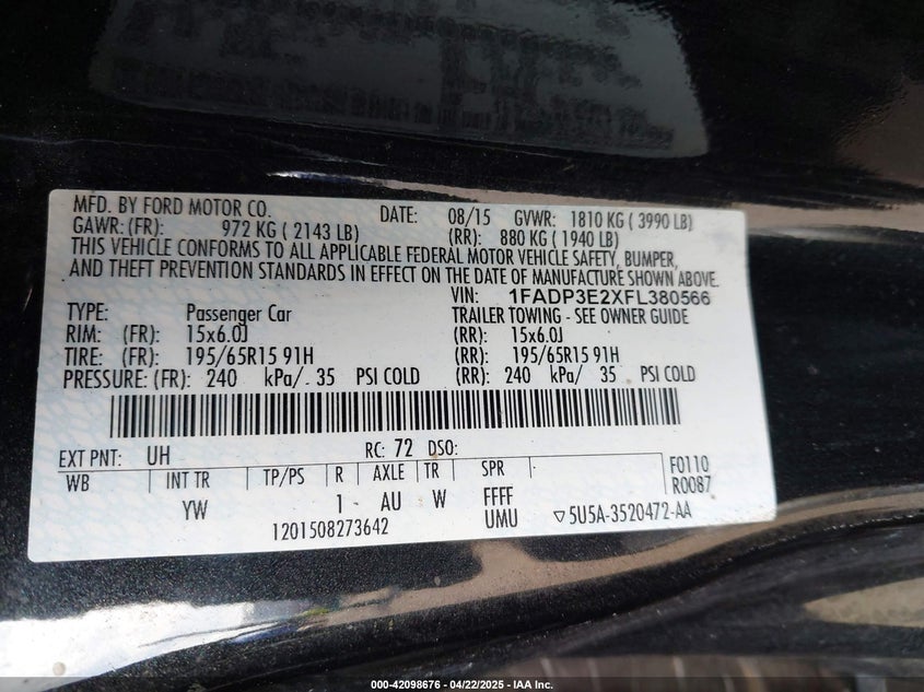 2015 FORD FOCUS VIN: 1FADP3E2XFL380566