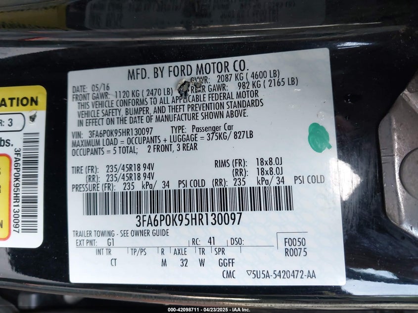 2017 FORD FUSION VIN: 3FA6P0K95HR130097
