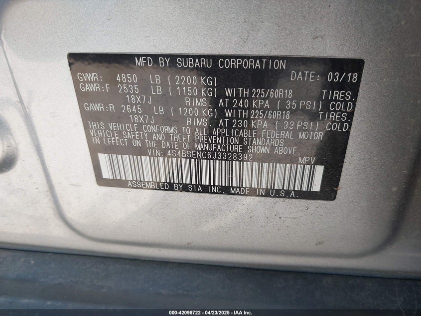 VIN 4S4BSENC6J3328392 2018 SUBARU OUTBACK 3.6R LIMITED