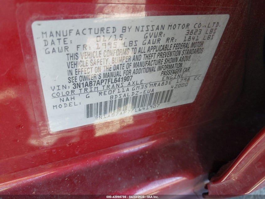 2015 NISSAN SENTRA VIN: 3N1AB7AP7FL641907
