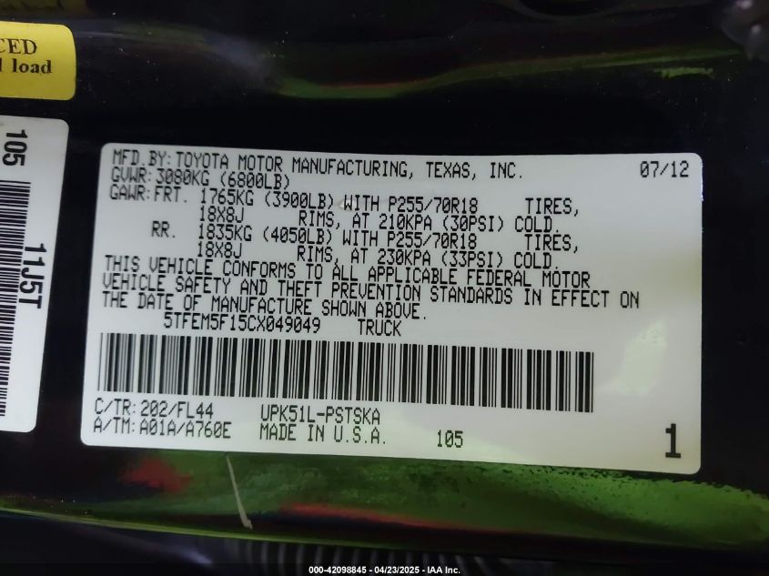 2012 Toyota Tundra Grade 4.6L V8 VIN: 5TFEM5F15CX049049 Lot: 42098845
