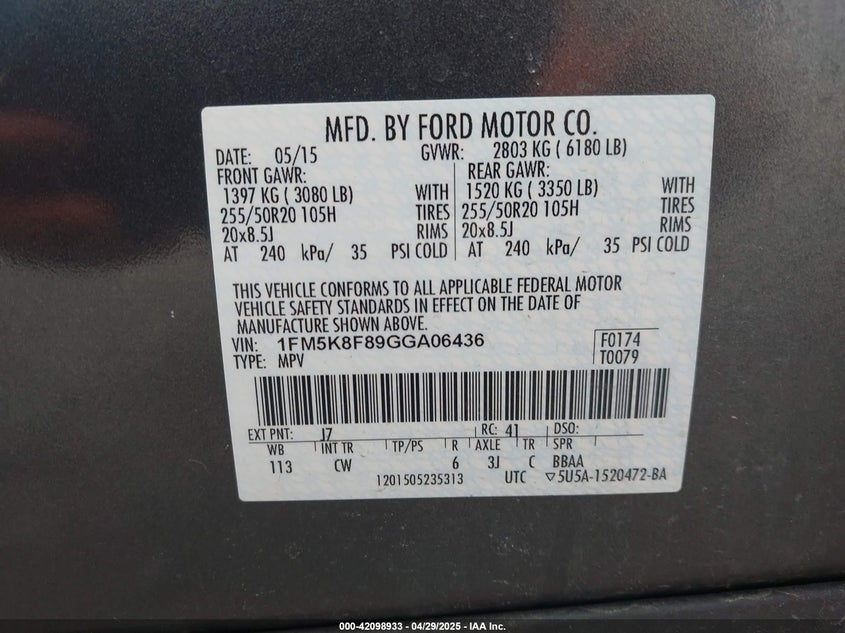 2016 FORD EXPLORER VIN: 1FM5K8F89GGA06436