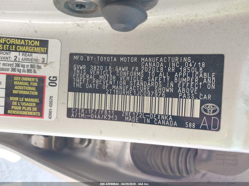 2018 TOYOTA COROLLA VIN: 2T1BURHE1JC097976