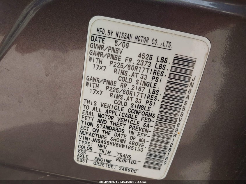 2009 NISSAN ROGUE VIN: JN8AS58V69W185150