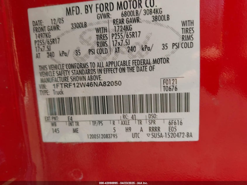 2006 FORD F-150 VIN: 1FTRF12W46NA82050
