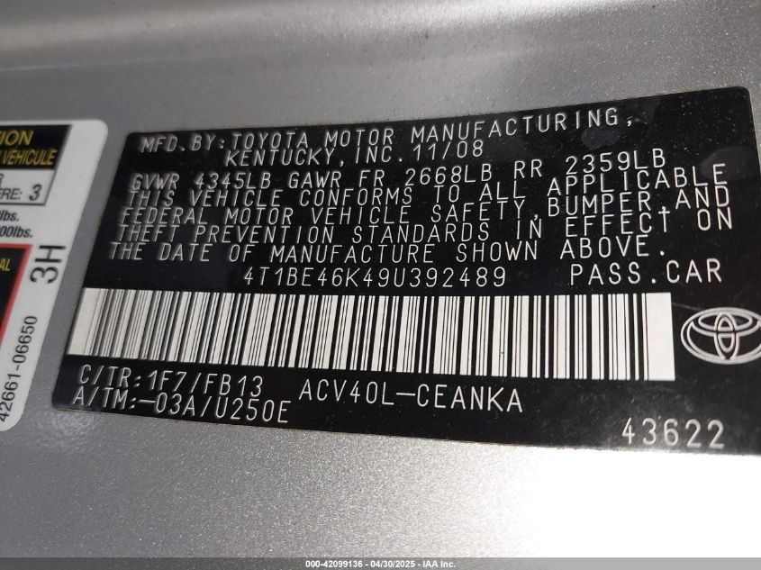 2009 Toyota Camry VIN: 4T1BE46K49U392489 Lot: 42099136
