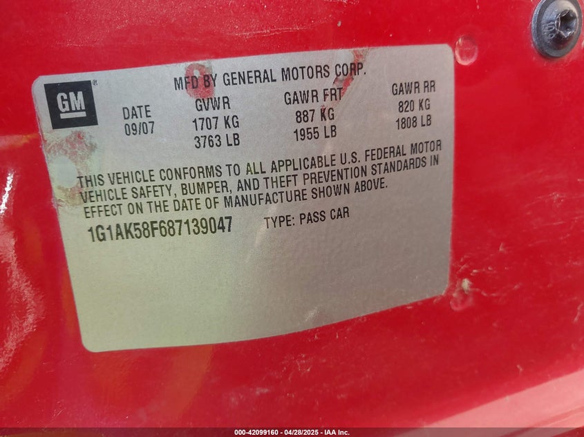 2008 CHEVROLET COBALT VIN: 1G1AK58F687139047