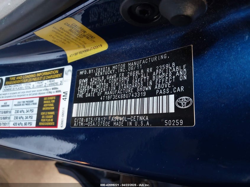 2011 TOYOTA CAMRY VIN: 4T1BF3EK6BU743319