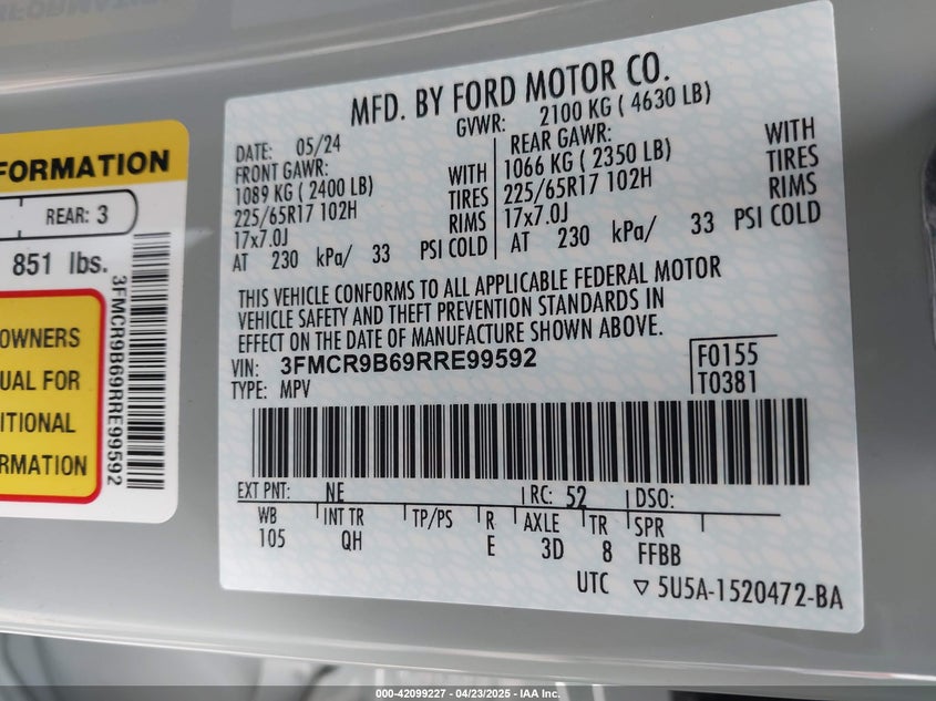 2024 FORD BRONCO SPORT VIN: 3FMCR9B69RRE99592