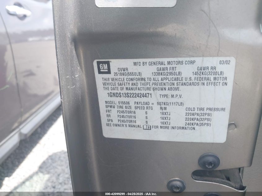 2002 Chevrolet Trailblazer Ls VIN: 1GNDS13S222424471 Lot: 42099299