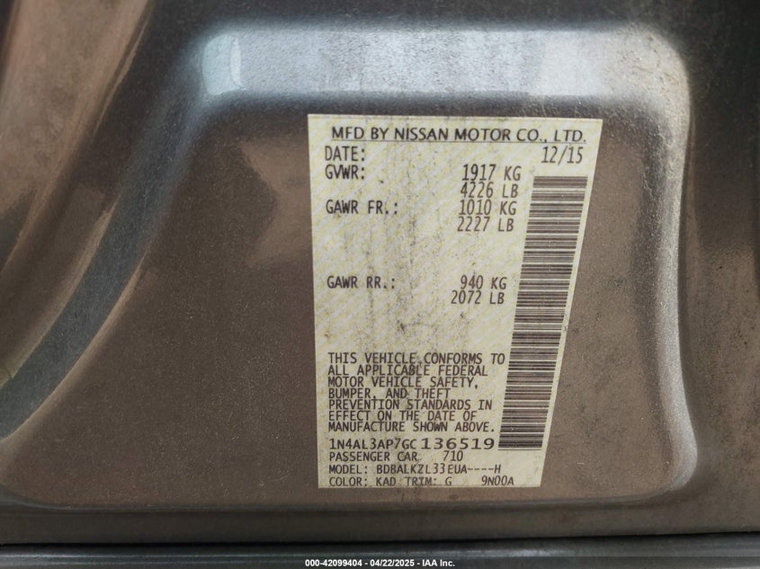 2016 NISSAN ALTIMA VIN: 1N4AL3AP7GC136519
