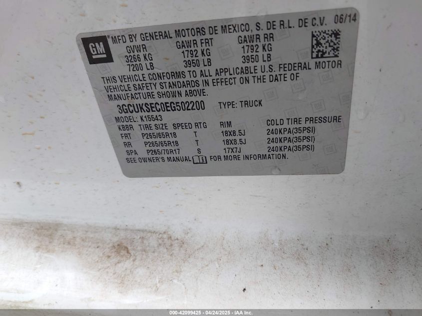 2014 Chevrolet Silverado 1500 2Lz VIN: 3GCUKSEC0EG502200 Lot: 42099425