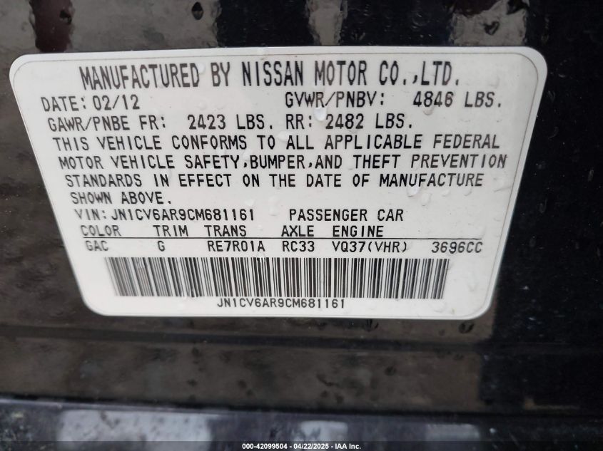 2012 Infiniti G37X VIN: JN1CV6AR9CM681161 Lot: 42099504