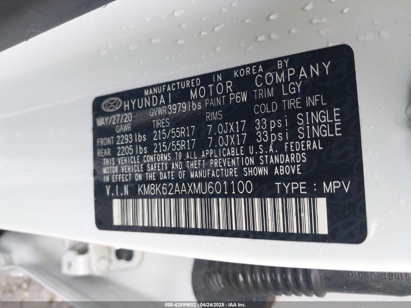 2021 Hyundai Kona Sel Plus VIN: KM8K62AAXMU601100 Lot: 42099602