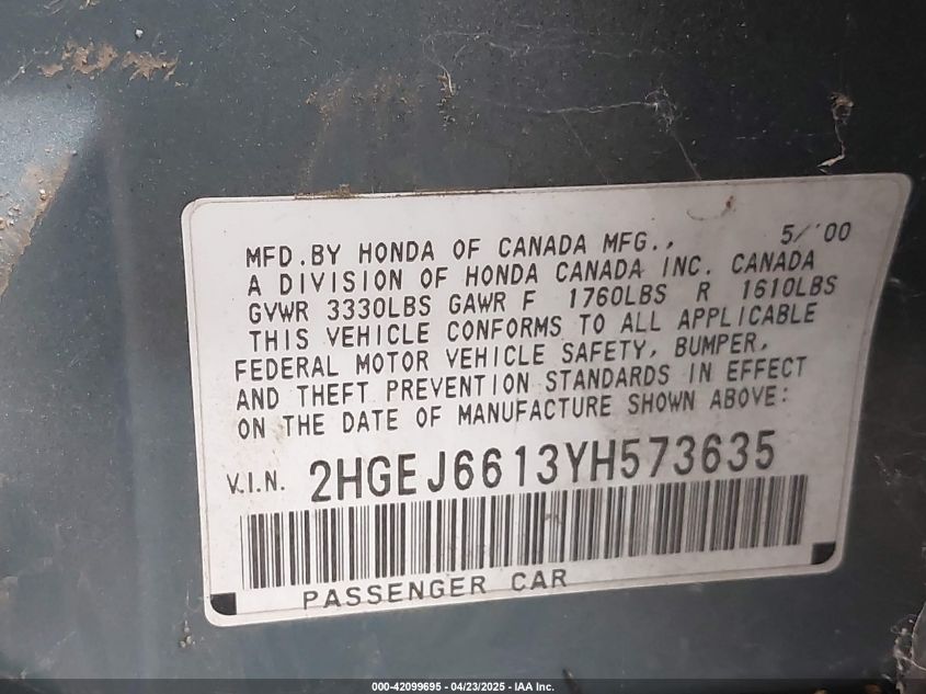 2000 Honda Civic Value Package VIN: 2HGEJ6613YH573635 Lot: 42099695