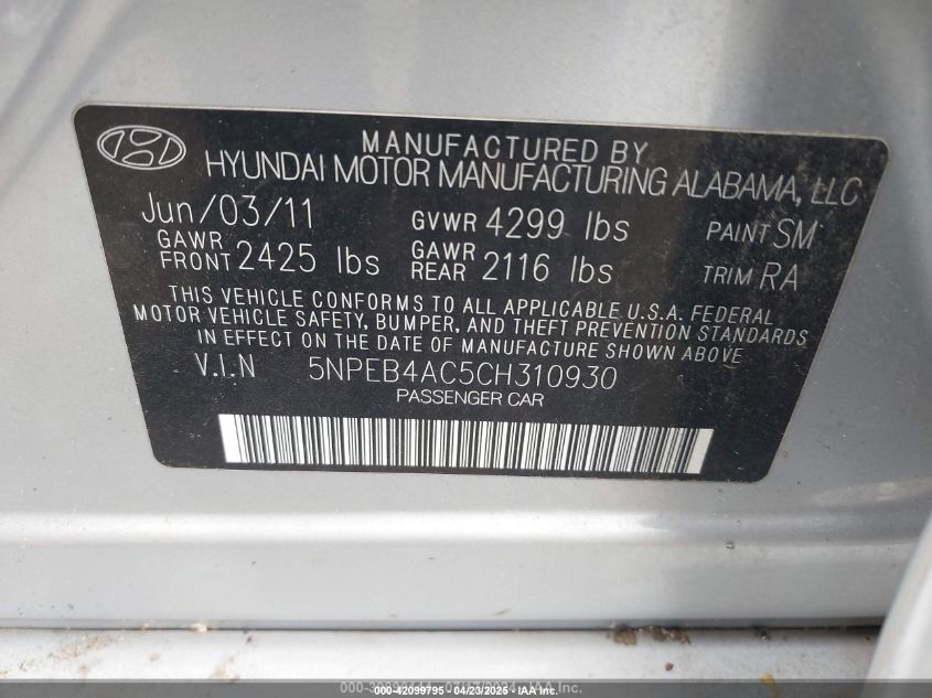 2012 Hyundai Sonata Gls VIN: 5NPEB4AC5CH310930 Lot: 42099795