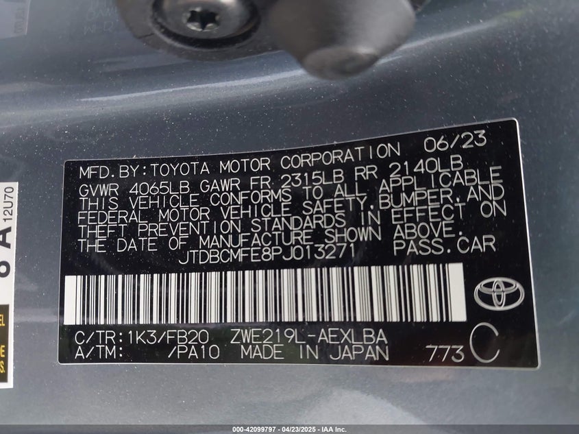 2023 TOYOTA COROLLA VIN: JTDBCMFE8PJ013271